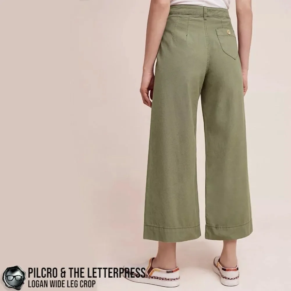ANTHROPOLOGIE PILCRO & THE LETTERPRESS LOGAN WIDE LEG CROP PANTS IN OLIVE GREEN